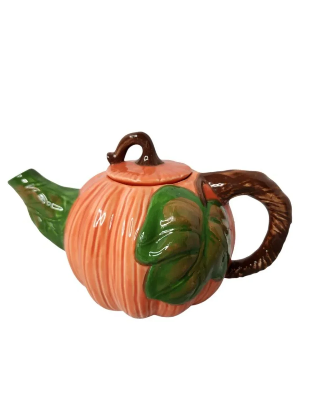 Vintage Autumn Orange Pumpkin Ceramic Teapot Lid Green Spout Brown Handle 5
